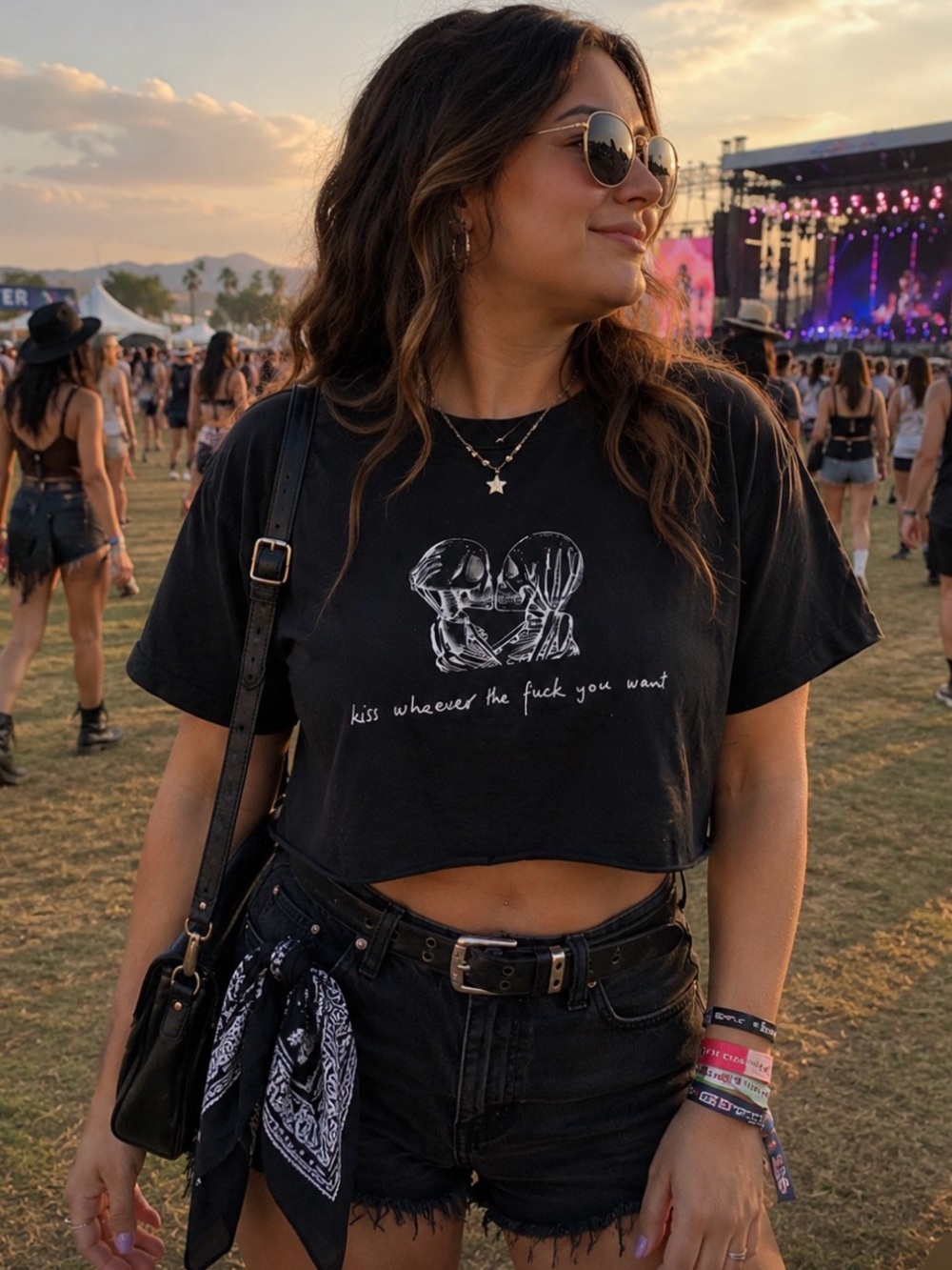 CHNGE Black Graphic Crop Tee with White Skeleton Kiss